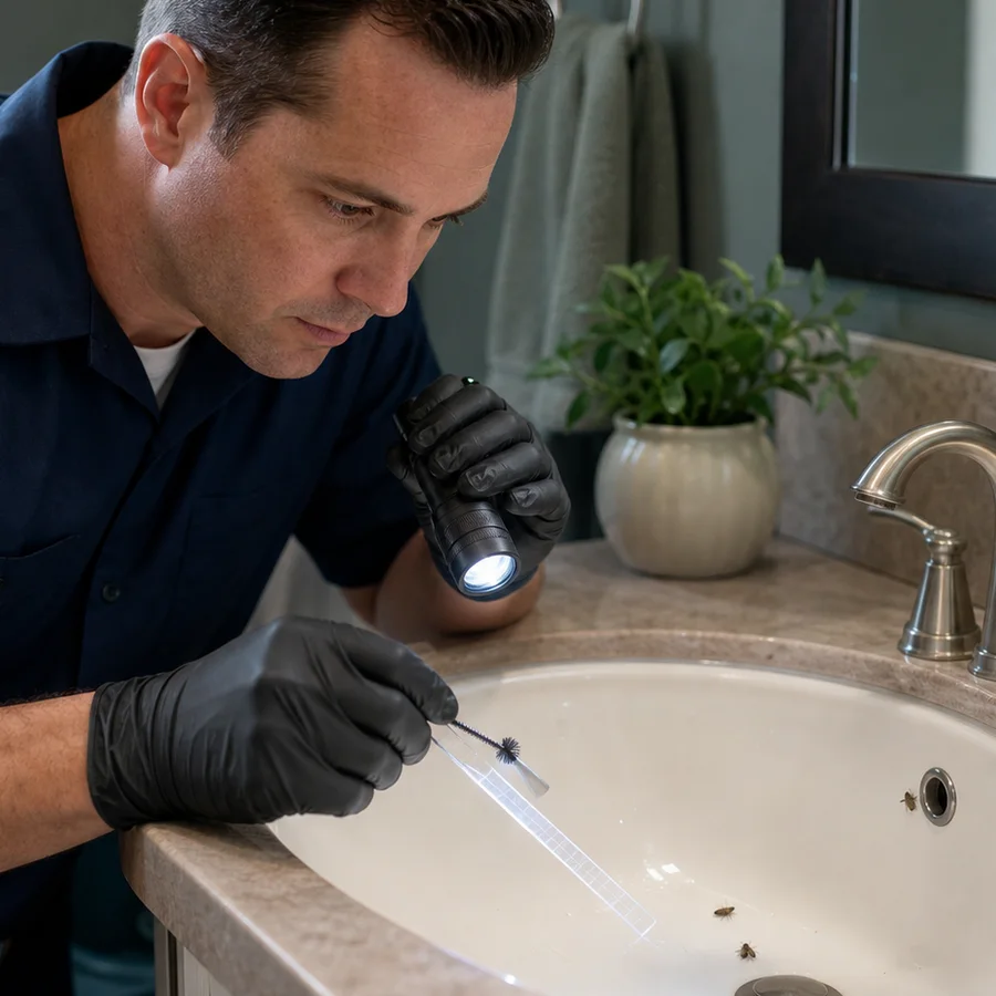 Close inspection of a sink drain with drain flies