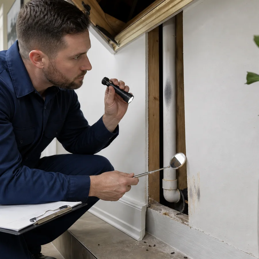 Close inspection of an attic and utility gap for mouse evidence