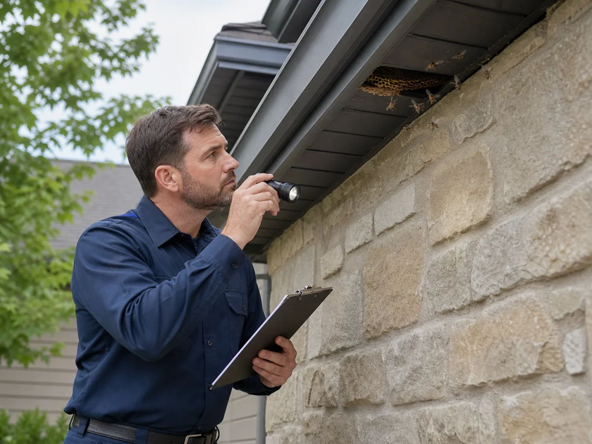 A pest-control technician carefully inspecting honey-bee traffic at a soffit gap