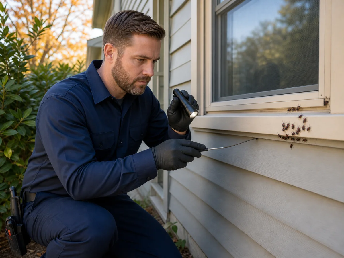 A pest-control technician inspecting a sunny window frame with boxelder bugs