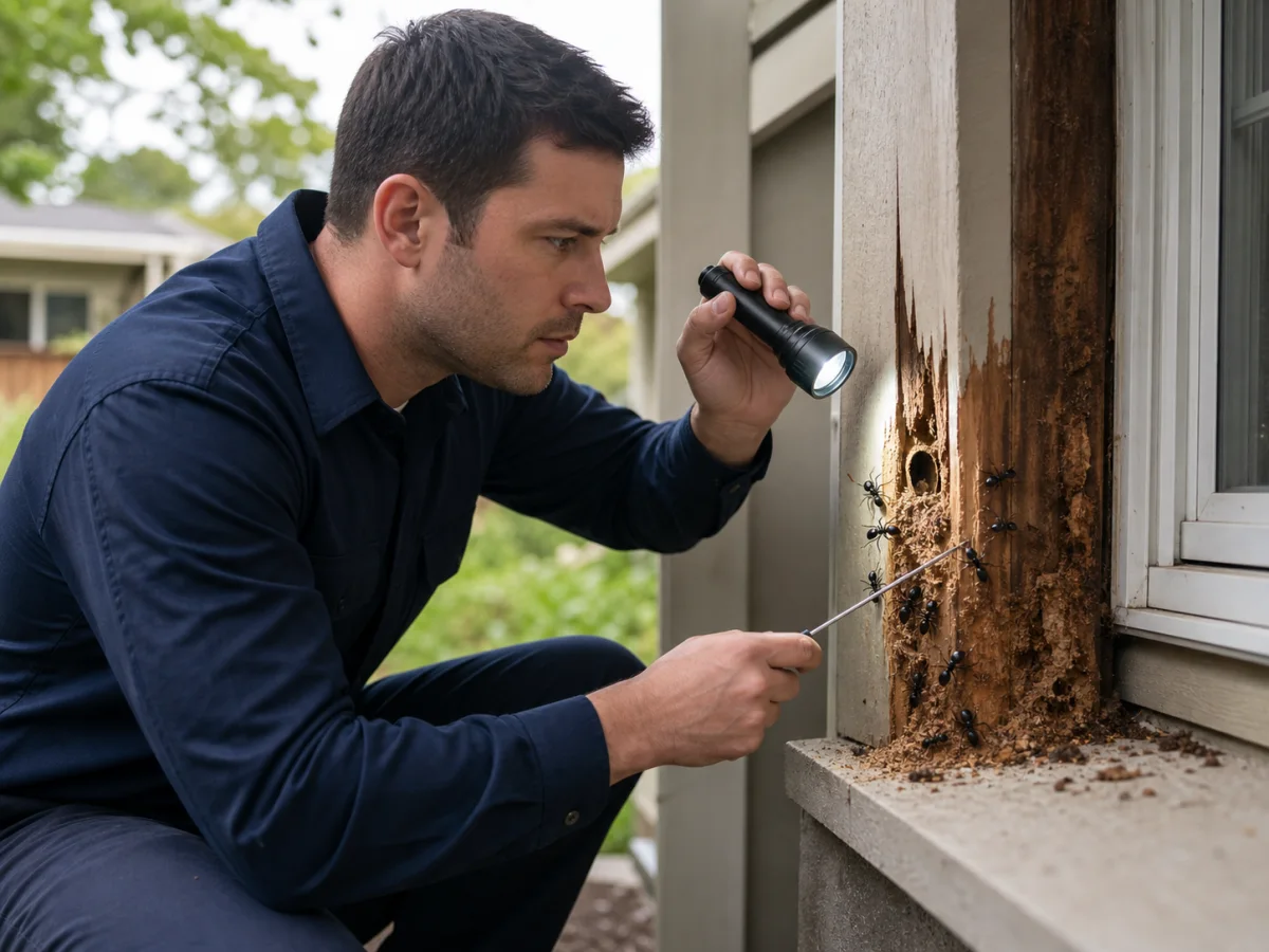A pest-control technician inspecting carpenter ants and frass in damp wood