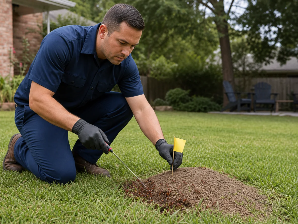 A pest-control technician inspecting an active fire-ant mound in a residential lawn