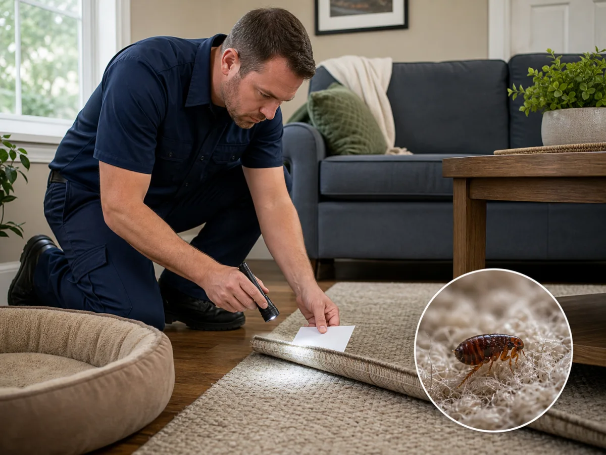 A pest-control technician inspecting carpet and a pet bed for flea activity
