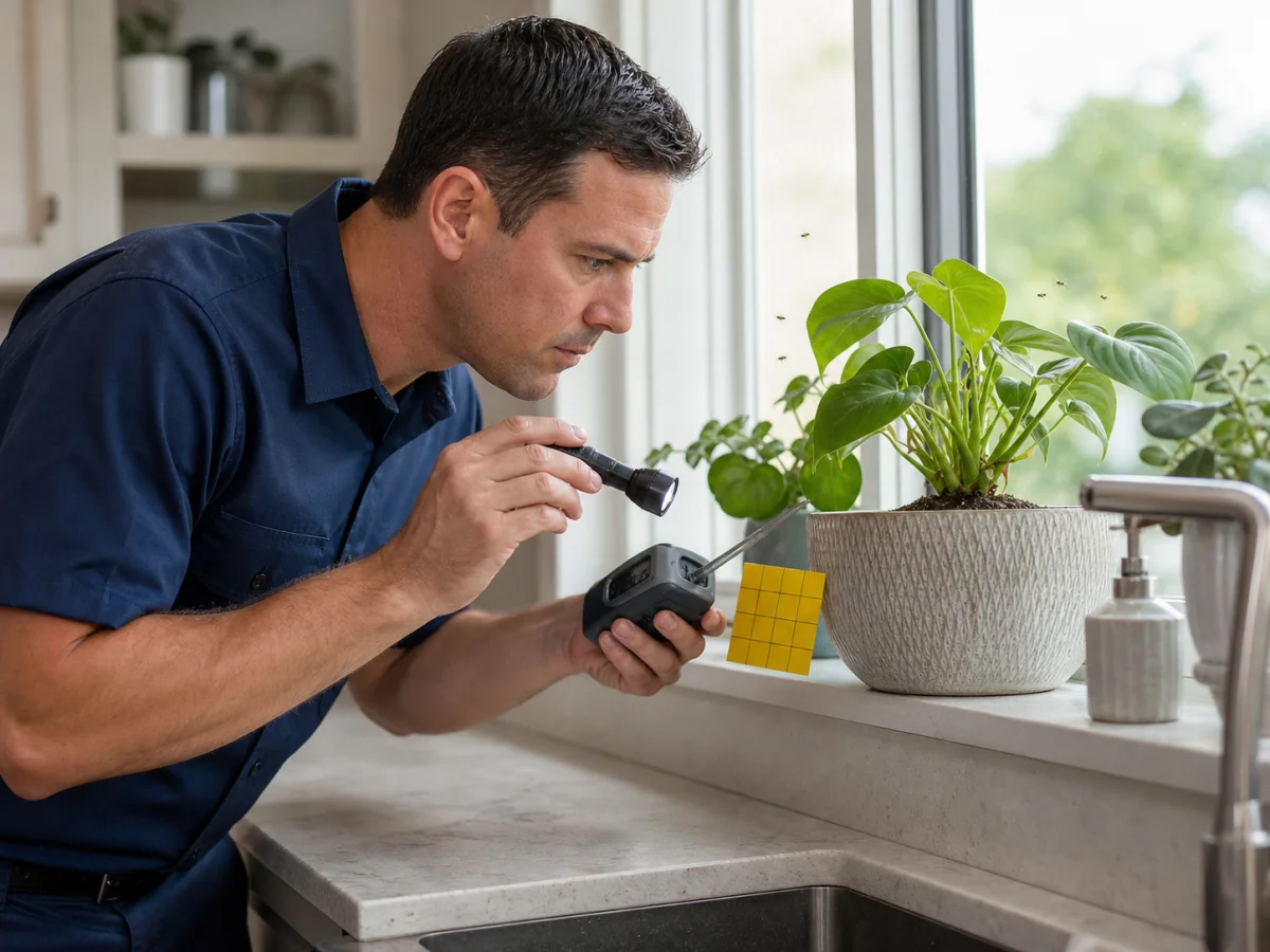 A pest-control technician inspecting damp plant soil and a window area for fungus gnats