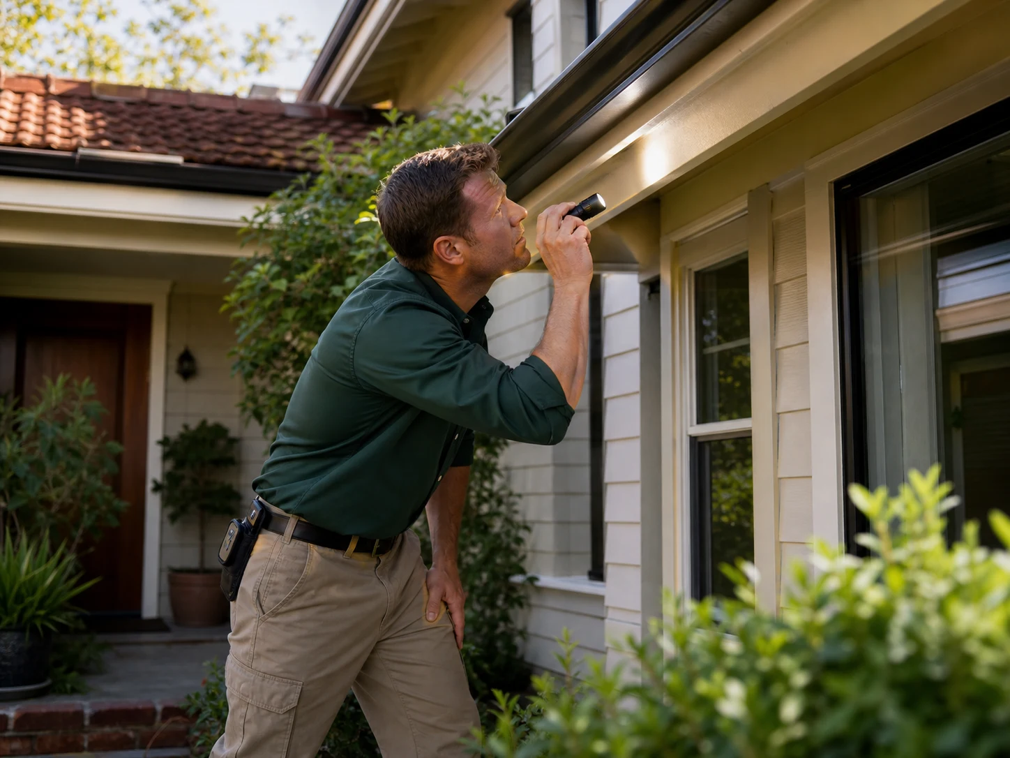 A pest-control technician inspecting the exterior and foundation of a home