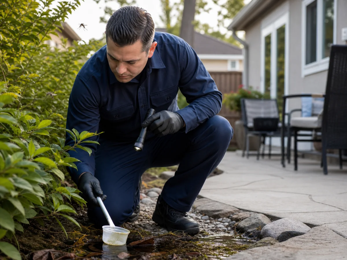 A pest-control technician inspecting standing water and shaded vegetation for mosquitoes