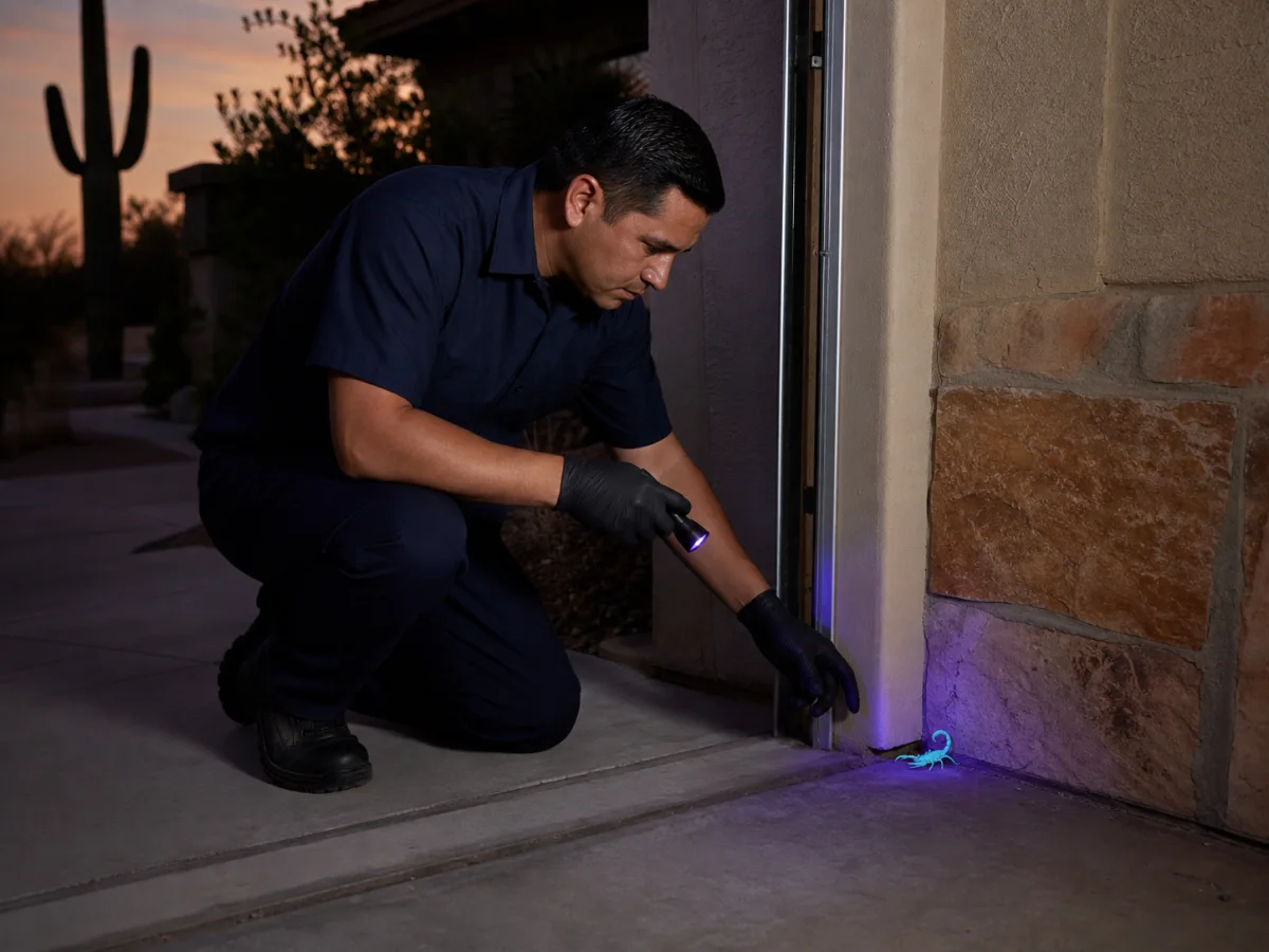 A pest-control technician using a UV flashlight to inspect a garage threshold for scorpions