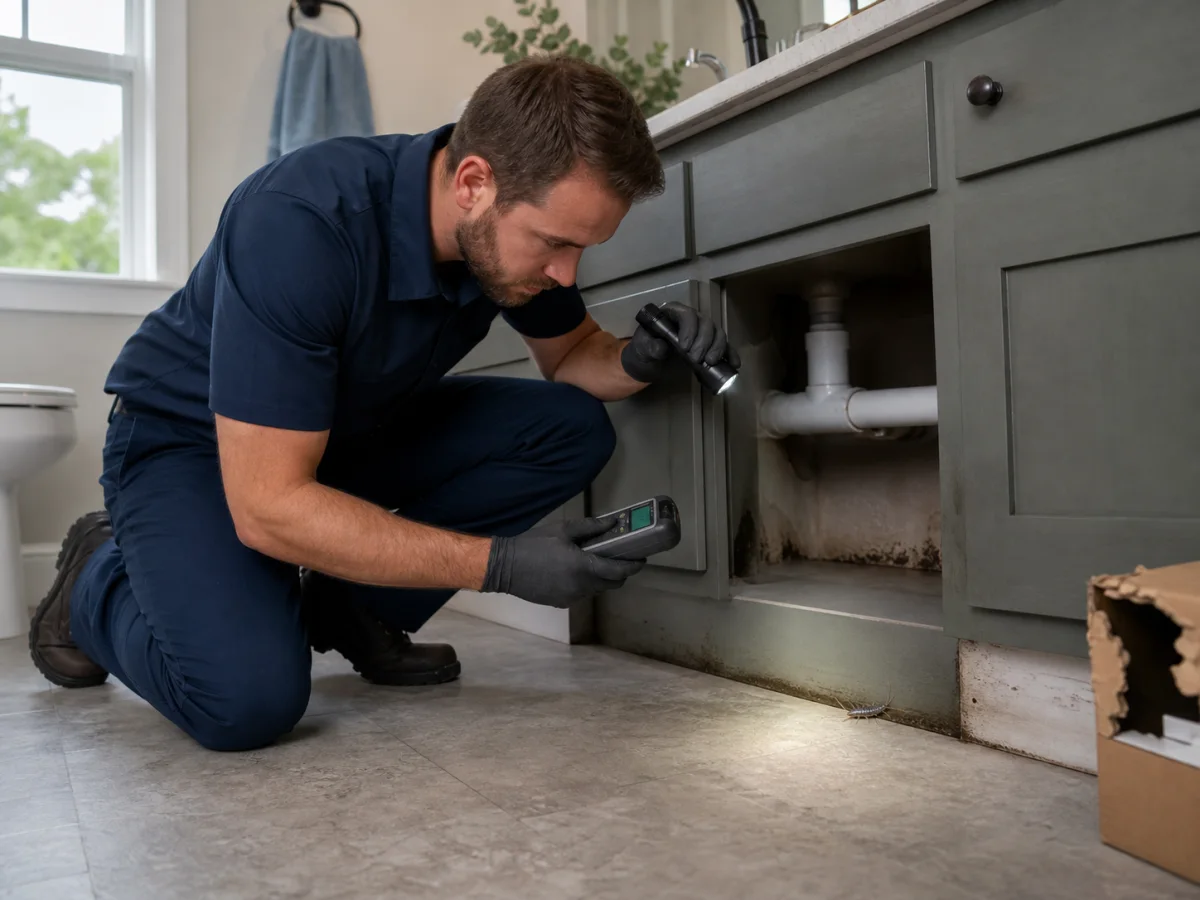 A pest-control technician inspecting a damp bathroom vanity gap with a silverfish present