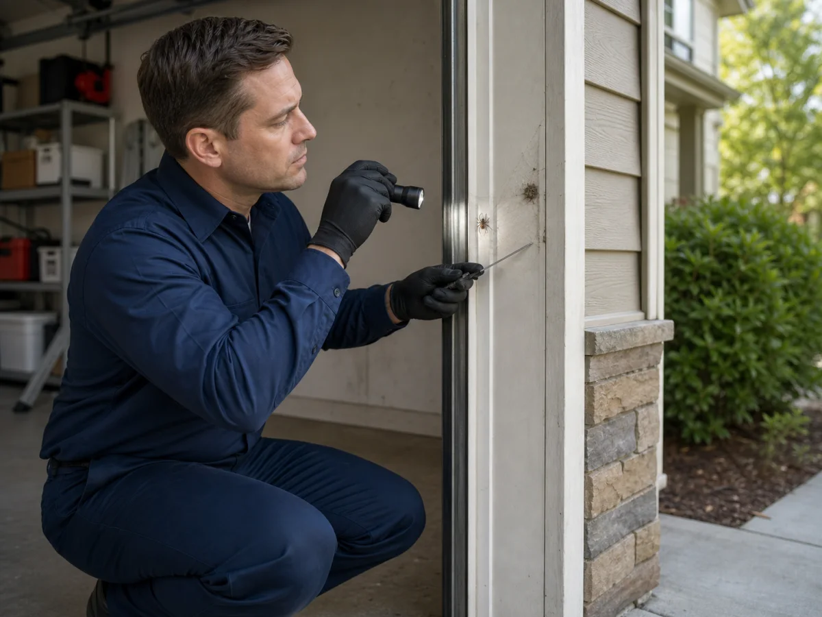 A pest-control technician inspecting a garage door frame with a spider and web