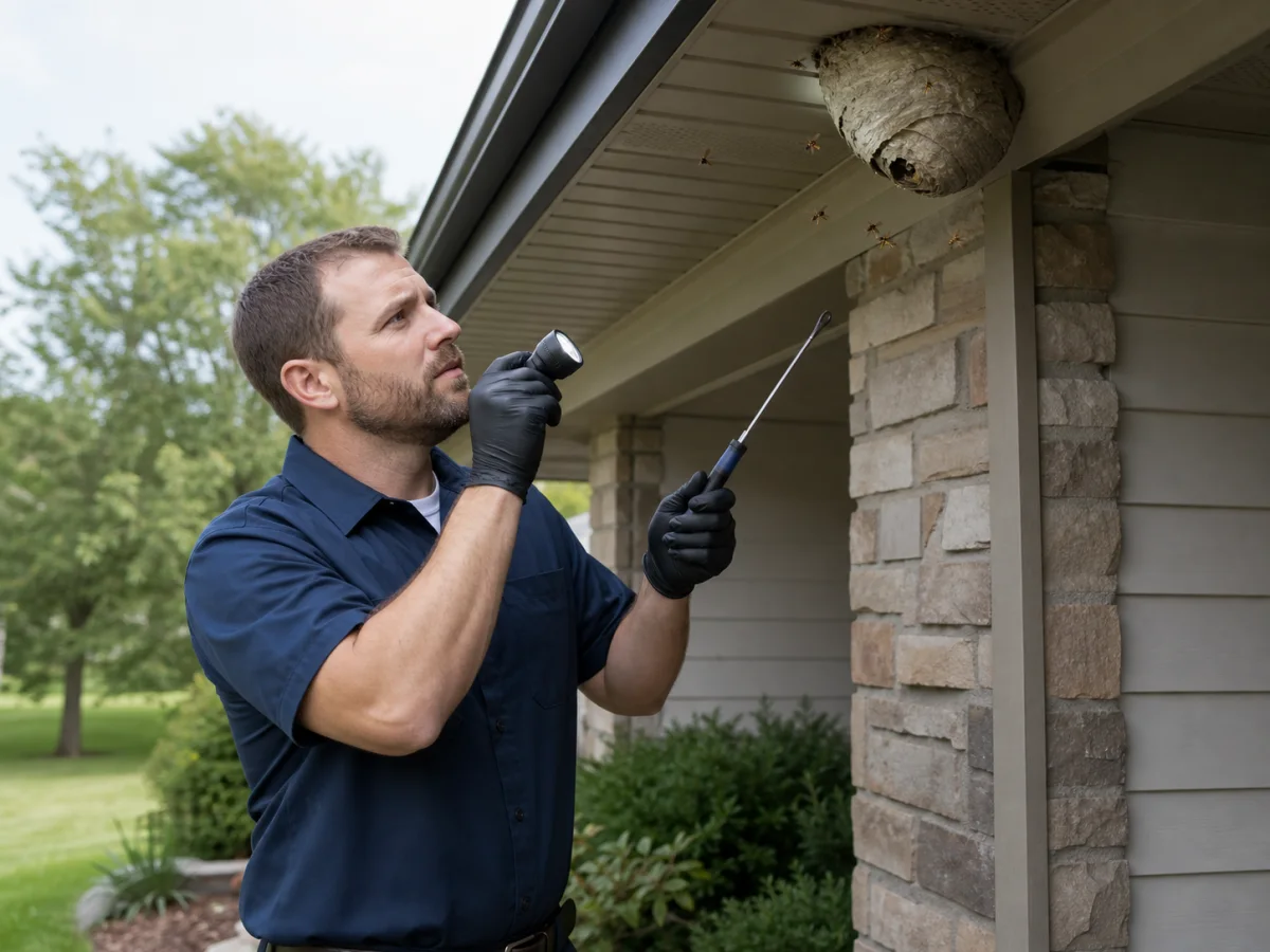 A pest-control technician inspecting a paper wasp nest under a residential eave