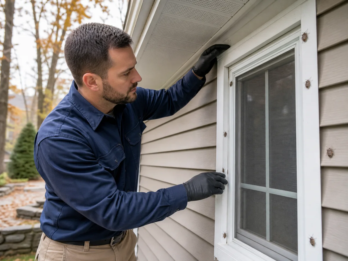 A pest-control technician inspecting a window and siding seam with stink bugs