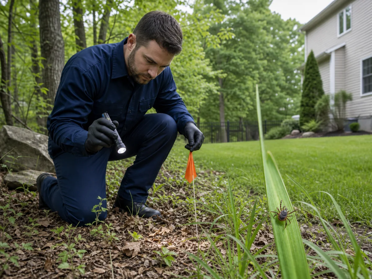 A pest-control technician inspecting leaf litter and yard edges for ticks